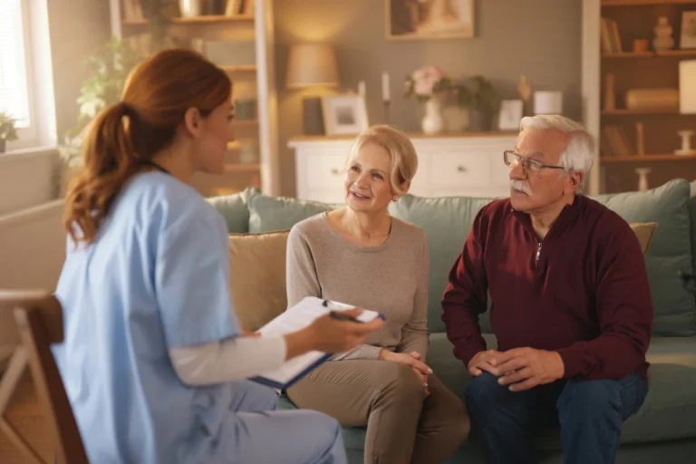 Seniors discussing levels of care with caretaker