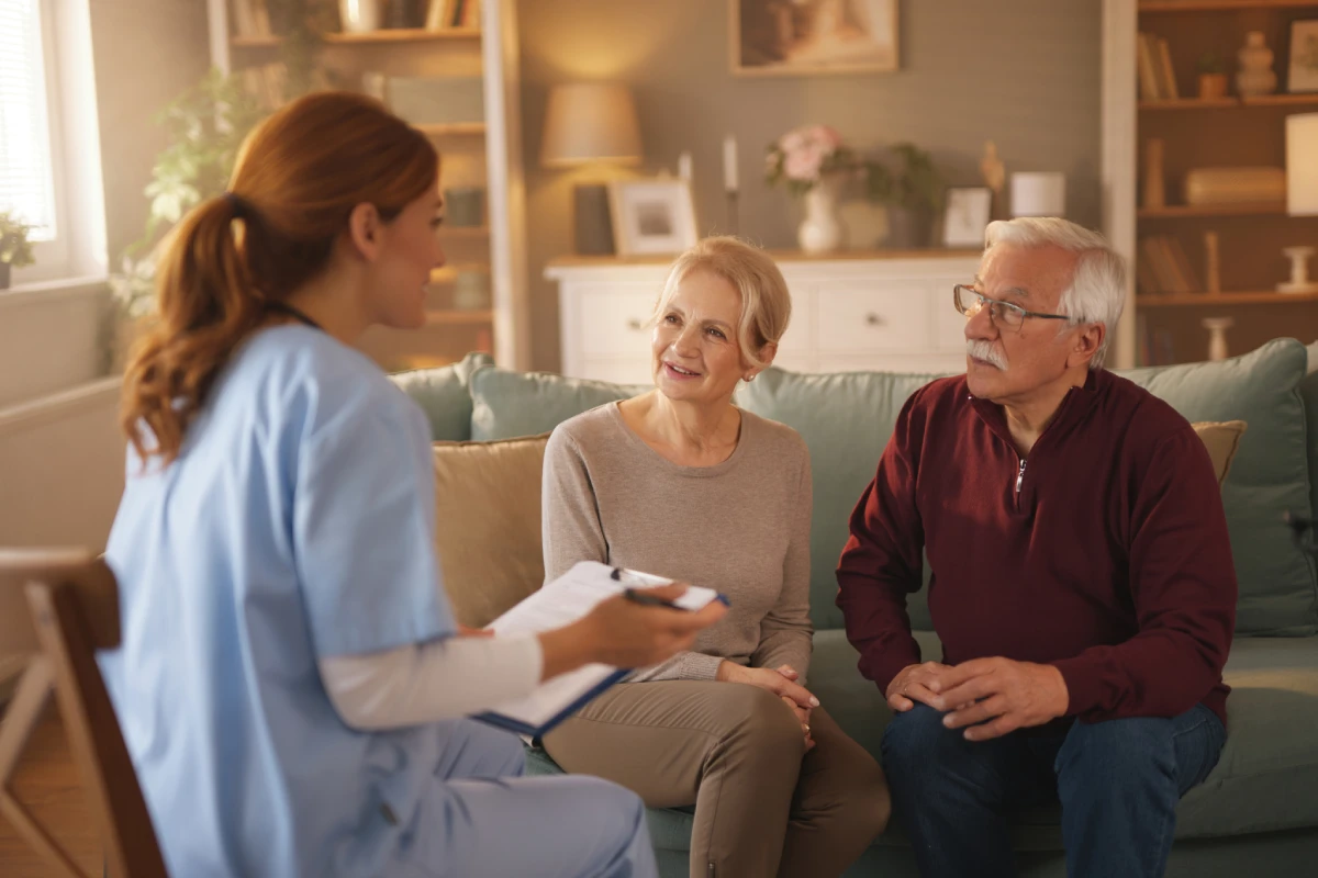 Seniors discussing levels of care with caretaker